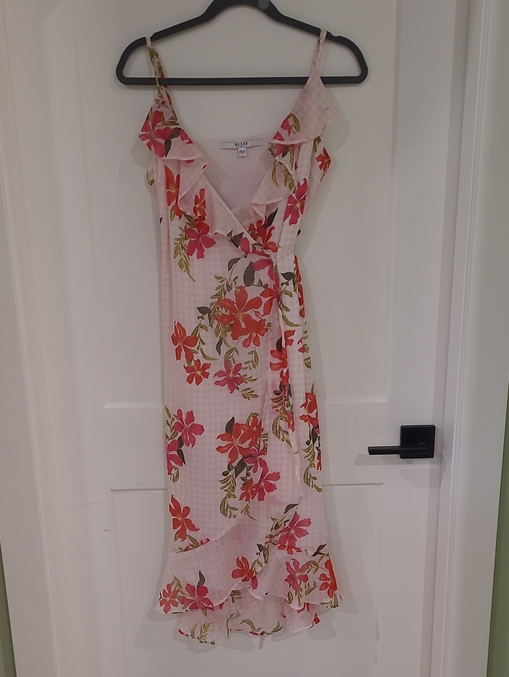 Guess Pink Gingham and Red Floral Ruffle Midi Wrap Dress